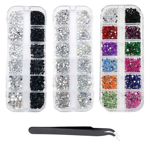 CHENLONBラインストーンネイル用品ネイルパーツシルバー高い採光大容量セット3個ケース入り混合色白黒A..