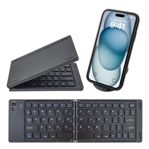【3台同時接続/JIS配列】Bluetoothワイヤレス折り畳みキーボード64キータブレット用キーボード薄型8mm静音平仮名刻印Type-C充電同時接続可能IOS/Android/Windows/Mac兼用パソコンブラック
