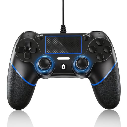 P4コントローラー 有線 プレステ4 ゲームパッド アップグレード版 USB接続 二重振動 人間工学 高耐久ボタン P3/PC/P4/対応 日本語説明書付き (ブラックブルー)