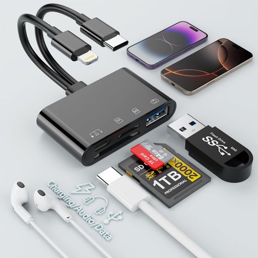 4in1iPhoneSDカードリーダー【2025MFi認証品、18ヶ月保証】Lightning/TypeC-USB3.0/TypeC/SD/microSD変換アダプタ・SDカード・microSDカード・急速充電・Hi-Fi音質|