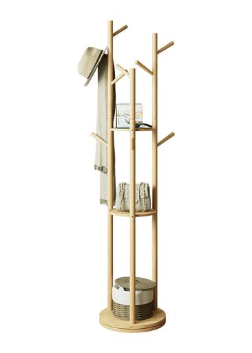 Mangowood天然木製コートハンガー回転式3段棚付き-ポールハンガーおしゃれかばんかけスタンド服かけハンガーポール組立簡単コート掛け|木目|高さ164cm|...