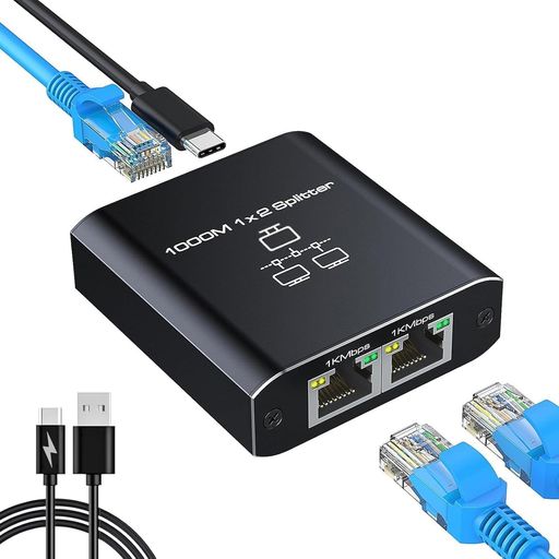 LAN分配器LANケーブル分岐RJ451000Mbps1入力2出力2台同時使用USBType-C電源ケーブル付きCat5Cat5eCat6C..