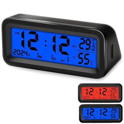 車載時計デジタル時計ソーラー電子時計二重色4in1時刻/日付/温度/湿度表示LEDバックライトカレンダー表示発光時計夜光多機能ソーラー充電USB充電省エネソーラーパネル搭載取り付け簡単…