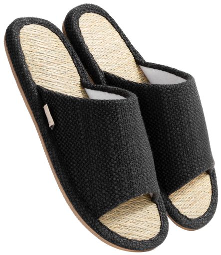 [mianshe]スリッパい草ルームシューズ春夏室内リネン亜麻男女兼用涼しい滑り止めむれない室内はき軽量前開き無地井草ブラックXL(4)