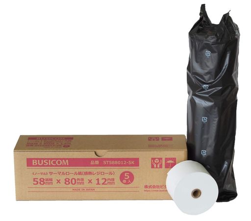 ビジコム純正三菱製紙国産感熱レジロール紙58mm幅x外径80φx内径12mm5巻芯ありノーマル保存ST588012-5K
