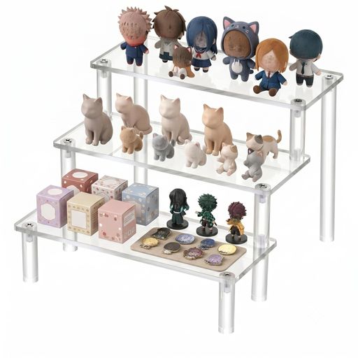 推し活 3 段アクリルひな壇 20x20x14.7cm 透明ディスプレイラック 組み立て式 クリアケース内陳列対応 アクスタ・フィギュア・コスメ卓上収納展示台 コレクション飾り棚