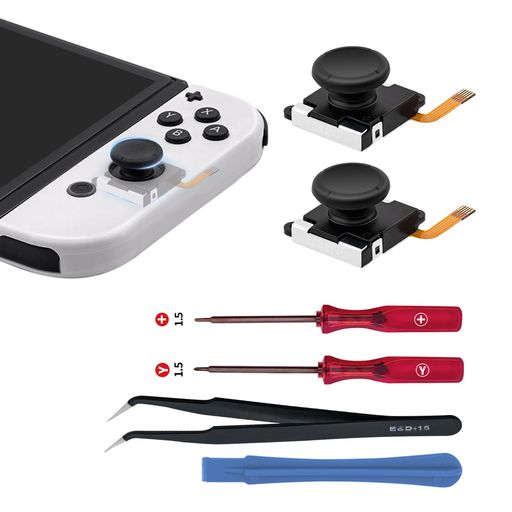 Switch/Switch 有機EL/SwitchLite用: (方向/ABXYボタンが反応しない)(スティックが故障して勝手に動く)(ジョイコンが反応しない)(ゴムカバーが取れた)(決まった方向に強く押し込まないと操作ができない)などの故障を修理出来るSwitch joy-con専用修理キットです。 ドリフト対策!TMR効果アナログジョイスティック:Switch JCコントローラーに対応。TMR効果スティックはALPSジョイスティックがドリフトしやすいという問題を完全に解消し、ドリフトに別れを告げます。非接触のホール効果技術を用いて、埃、油、高湿度のような過酷な環境でも安定したジョイスティック性能を回復します。 ドリフト問題の解決!TMR効果ジョイスティックは、従来のポテンショメータージョイスティックの摩耗によるドリフト問題を解決します。これらの磁気誘導ベースの交換部品は、正確で信頼性のある動きを提供し、スムーズで正確なゲームプレイに最適です。 パッケージ内容:2xTMR効果アナログジョイスティック、1x「Y」ドライバー、1x「+」ドライバー、1x開けツール。サードパーティ製スタンドとネジが含まれています。