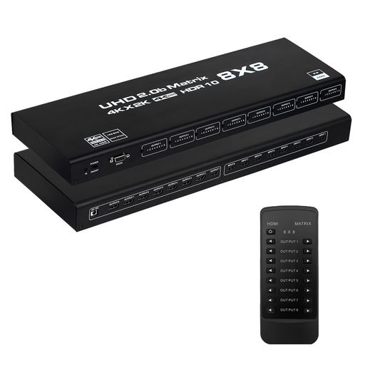 【4K HDMI マトリックス 8入力8出力】本製品は、8 つの HD 信号源を 8 つの HD ディスプレイ端子に接続できます。 HDMI マトリックスを使用すると、8 台の HDMI 機器を 8 台の HDMI 互換モニターまたはプロジェクターに簡単に切り替えたり分割したりできます。当社のHDMI マトリックスは、騒音、スペース、セキュリティの問題、データ入力制御、情報配信、会議室でのプレゼンテーション、学校や企業の訓練環境に対する解決策を提供します。 【HD解像度とビデオ形式】1HDMI解像度:最高4K (3840*2160@60HZ)、YUV(4:4:4)RGBをサポート。 2ビデオ形式:3D、8/10/12/24ビットディープカラー。 3HDMIバージョン:HDM 2.0B、HDCP2.2。(▲ご注意:同じ HDMI 源から 4K/1080P を入力する時、出力は 1080P で、最低解像度に従って表示されます。