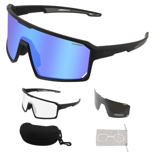 [FOCUHUNTER]偏光サングラススポーツサングラス交換レンズ2枚‐(偏光レンズ、ブルーミラーレンズ)ブラックフルフレームサイクリンググラスレディースメンズユニセックス眼鏡対応インナー…(4)