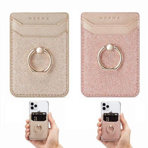 DMAOS 電話カードホルダースリーブ 2個セット、ピンク+ゴールド、キックスタンドリング付き、RFIDクレジットカードウォレット、グリッタースティックオンバックグリップ、IPHONE SONY 対応 DMAOS 電話カードホルダースリーブ 2個セット、ピンク+ゴールド、キックスタンドリング付き、RFIDクレジットカードウォレット、グリッタースティックオンバックグリップ、IPHONE SONY 対応