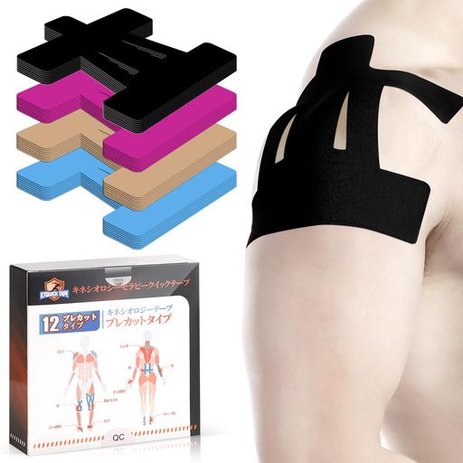 KTQUICKカット済みテーピング肩伸縮テーピングテープ12Pcsプレカットキネシオテープスポーツテープテニ..
