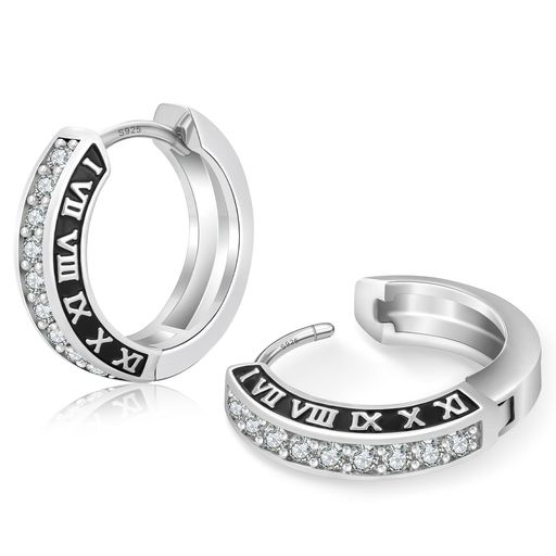 KRKC&CO フープピアス メンズ ブラック ローマ数字 シルバー925 両耳15mm ジルコニア リングピアス 18Gラウンドフープ つけっぱなし