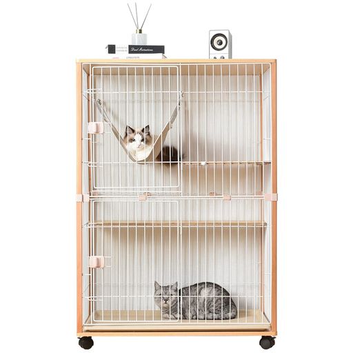 BTM猫ケージキャットケージ2段木製フレーム猫ゲージキャットハウスハンモック付き引出し式トレー付天板..