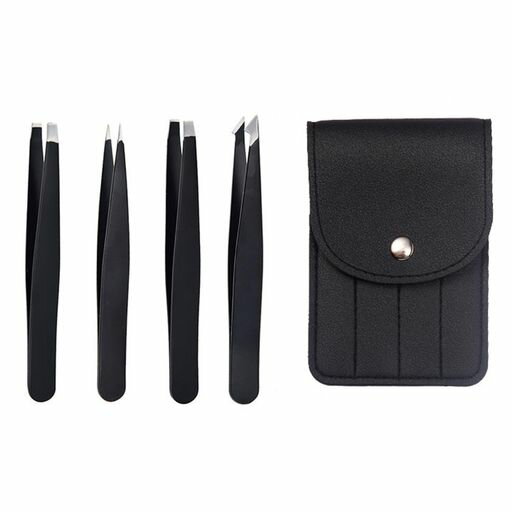 LUYING精密ピンセット4本セットステンレス製顔の毛/まつげ/眉毛/埋没毛用先斜め先細平タイプコスメピン..