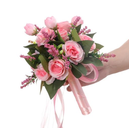 观叶植物 - ウエディングブーケ 花嫁ブーケ バラブライダル ラウンド花束 造花 欧米風 挙式 教会 結婚式 パーティー ニ次会 撮影 (ピンク)