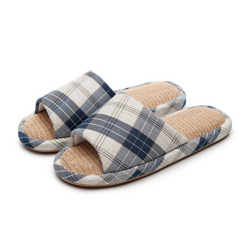 [Ohmyk]四季履ける格子柄リネンスリッパ滑り止め通気性(blue大人26.0cm長さ・寸法・重量(範囲)日本の靴..