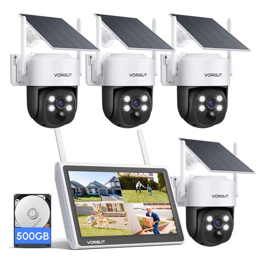 VORGUT防犯カメラ屋外ソーラーモニター付き4台セット監視カメラソーラー電源不要防犯カメラワイヤレス屋外無線PIR人体検知声光威嚇双方向通話2.4G&5G対応5年保証(400万画素カメラ4台+10インチ