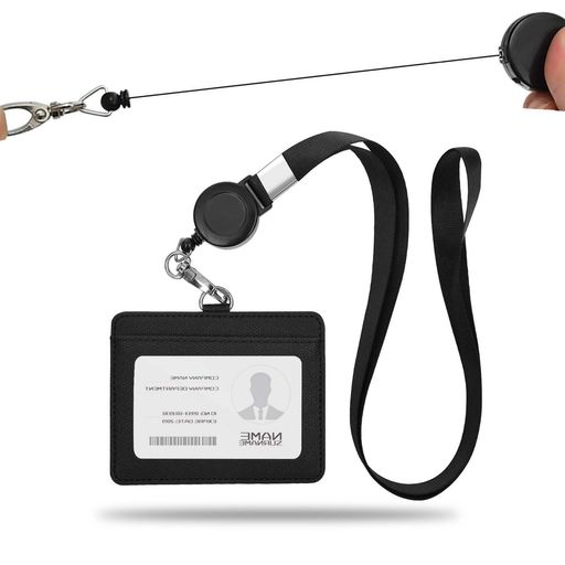 HUIKKJPIDカードホルダー名札ホルダー横型PUパスケースネックストラップ伸縮リール式ネックストラップ..