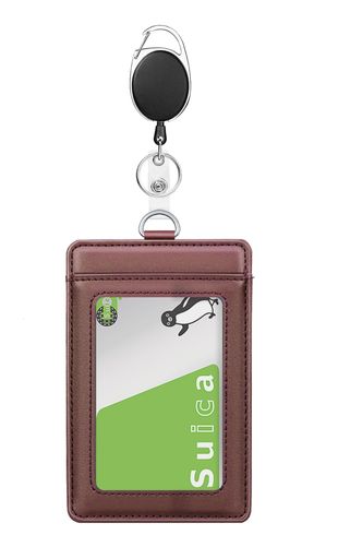 パスケースリール付き黒最大60cm伸縮コード付き定期入れIDカードホルダーICカードネームレザー通勤通学..