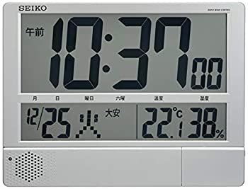 【中古】セイコー クロック 掛け時計 置き時計 兼用 電波 デジタル プログラム機能 カレンダー 六曜 温度 湿度 表示 大型 薄型 軽量 銀色 メタリック SQ4
