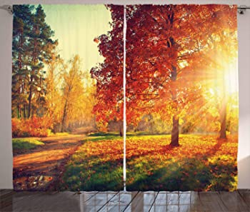 【中古】Fall装飾カーテンby Ambesonne、鮮やかなMisty Day in Forest Sun Rays Trees Foliage Fallen Leaves Calmビュー、リビングルームベッドルームウ
