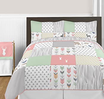 yÁz[XEB[gWWfUC]Sweet Jojo Designs Coral, Mint and Grey Woodsy Deer 3 Piece Full / Queen Bedding Set [sAi]