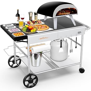 【中古】BBQMall ピザオーブンテーブルグリルカート ピザトッピングステーション 可動式食品と準備作業..