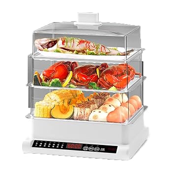 【中古】(非常に良い)電動三層食品蒸釜20 L電動スタック可能蒸箱、ステンレス蒸架付き、7種類の事前調理モード野菜肉蒸釜