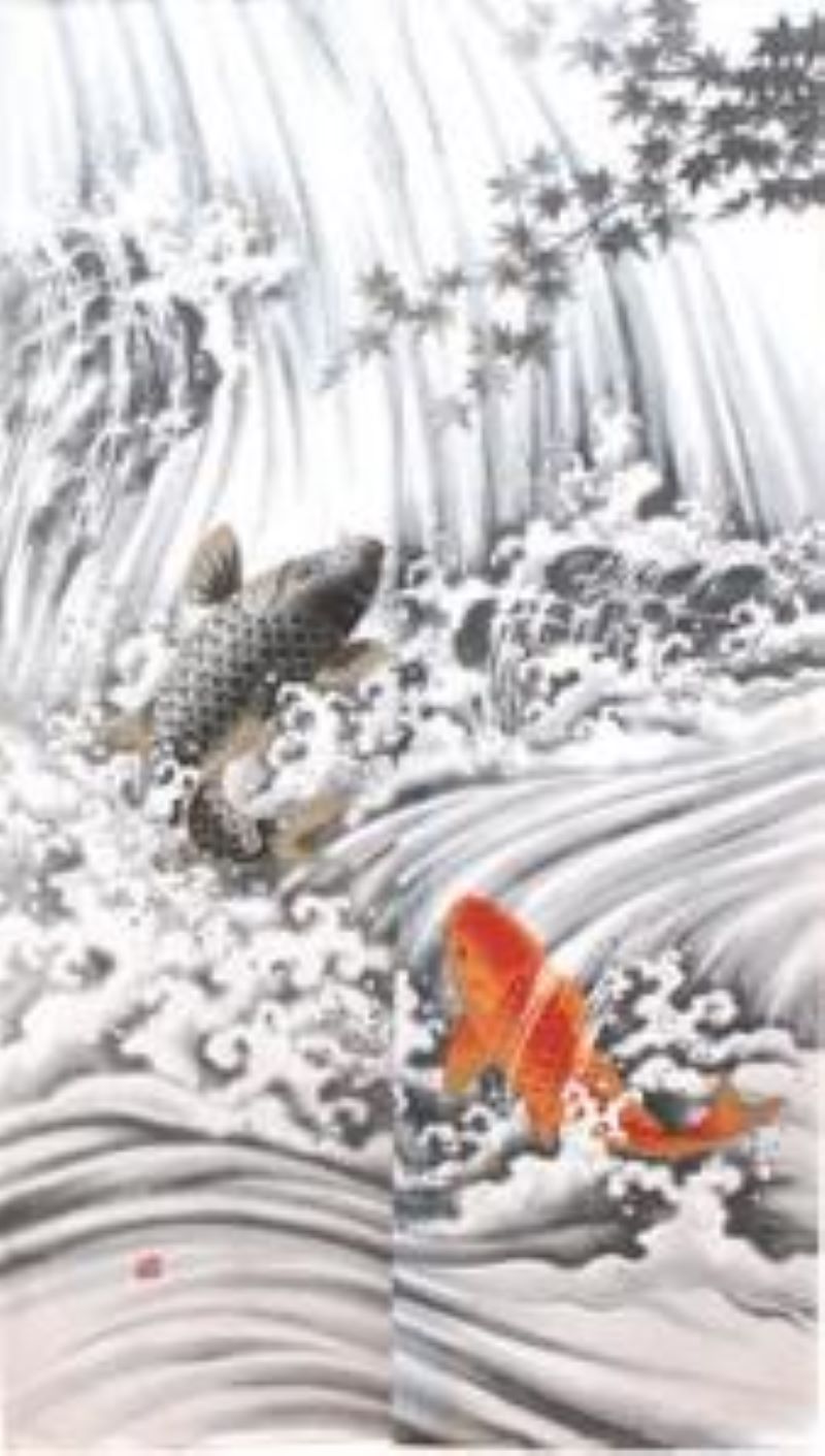 暖簾　和風　モダン　おしゃれ　間仕切り　タペストリー　和柄　エントランス　150丈　本縫い　鯉の滝登 ...