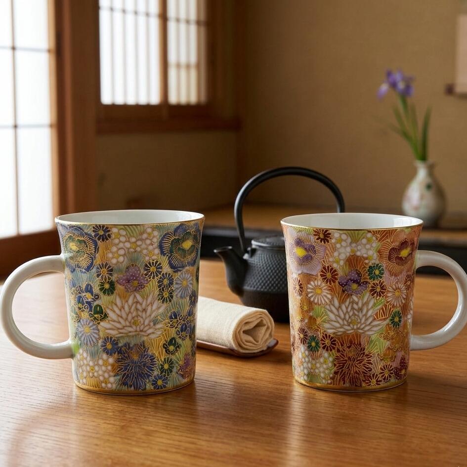 九谷焼 マグカップ 花詰（はなづめ） 金彩 陶器 ブランド 日本製 和食器 コーヒーカップ 湯呑み ギフト 母の日、父の日、敬老の日、還暦祝い、結婚祝い、新築祝い、退職記念