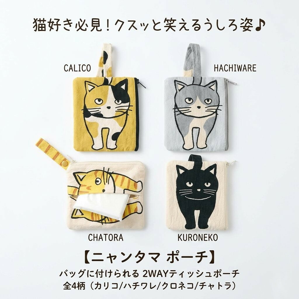 Rakuten - ポケットティッシュケース ミニポーチ 猫 【ニャンタマ ポーチ】 かわいい おしゃれ ファスナー付き ティッシュポーチ ストラップ付き 吊り下げ ミニマルチポーチ コスメポーチ 綿 コットン 小物入れ 猫グッズ 雑貨 プレゼント 猫好き カリコ ハチワレ クロネコ チャトラ