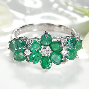 K18WG フラワーモチーフ エメラルド ダイヤモンド リングエメラルドリング ダイヤリング ジュエリー ホワイトゴールド フラワーリング 花リング 可愛い 人...