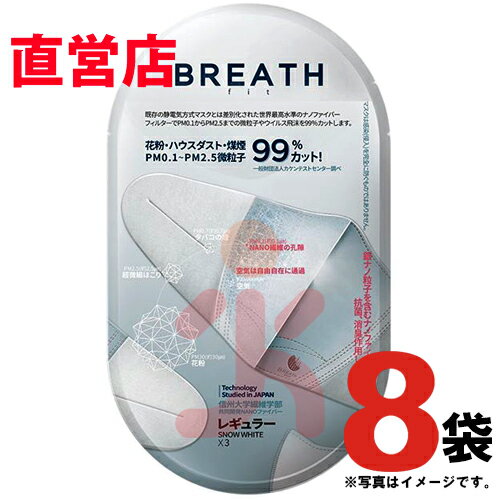 メーカー直営店 BREATH SILVER FIT MASK ブレスマスク フィット ホワイト レギュラーサイズ 8袋（1袋×3枚入り・24枚）PM0.1〜PM2.5対応 ナノマスク ウイルス対策 目玉商品