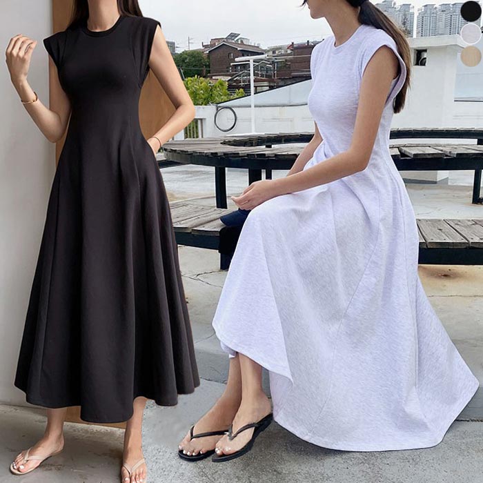 即完売！フレア ワンピース Aライン ロング丈 マキシ丈 ノースリーブ おしゃれ フレンチスリーブ 二の腕隠し ハイウェスト 大人可愛い リゾート マキシ ワンピ 夏 カシュクール きれいめ ブラック　ベージュ グレーのサムネイル