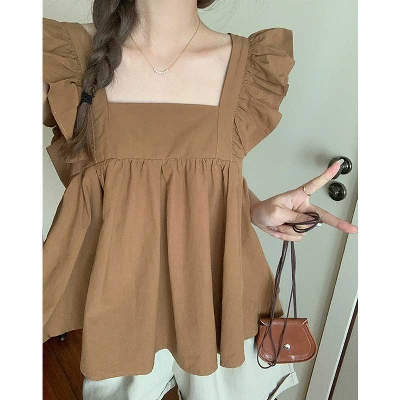 大人気新作！フリル ブラウス 体形カバー 二の腕隠し トップス ノースリーブ おしゃれ レディース 涼しい 夏 きれいめ 袖フリル キャミソール 大人可愛い 学生 Uネックのサムネイル