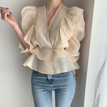 ブラウス シャツ Vネック フリル ハイウエスト トップス おしゃれ レディース 夏 きれいめ 袖フリル大人可愛い 肌触りのいい ベージュ 涼しげ Yシャツ 学生 ギフトラッピングOK 長袖 無地 ミディアム オフィススタイル カジュアルスタイル エレガント
