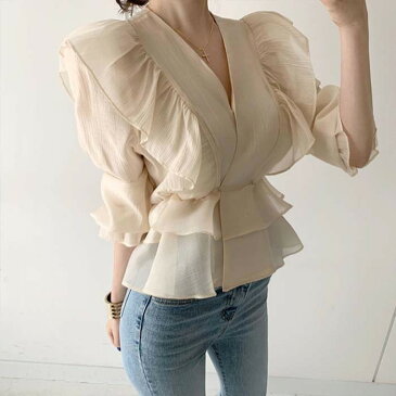 ブラウス シャツ Vネック フリル ハイウエスト トップス おしゃれ レディース 夏 きれいめ 袖フリル大人可愛い 肌触りのいい ベージュ 涼しげ Yシャツ 学生 ギフトラッピングOK 長袖 無地 ミディアム オフィススタイル カジュアルスタイル エレガント