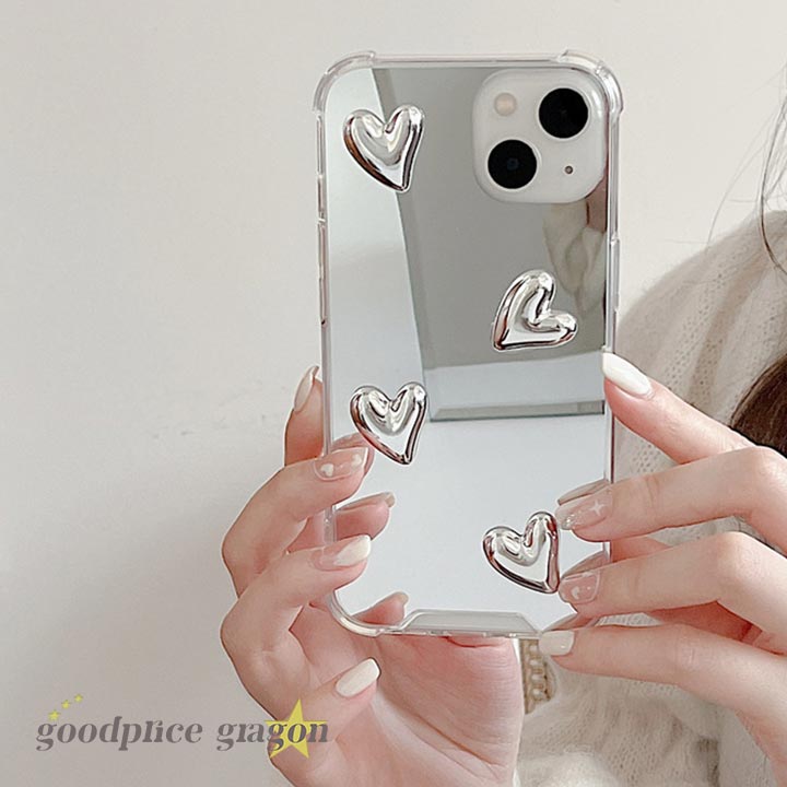 ミラーにもなる！iPhone17ケース 全機種対応 iphone15ケース iphone16ケース スマホケース スマホカバー アイフォンケース iPhone12 iPhone13 iPhone14 iPhone15 Pro Max mini ケース アイフォン15ケース 鏡　シルバー ハートのサムネイル