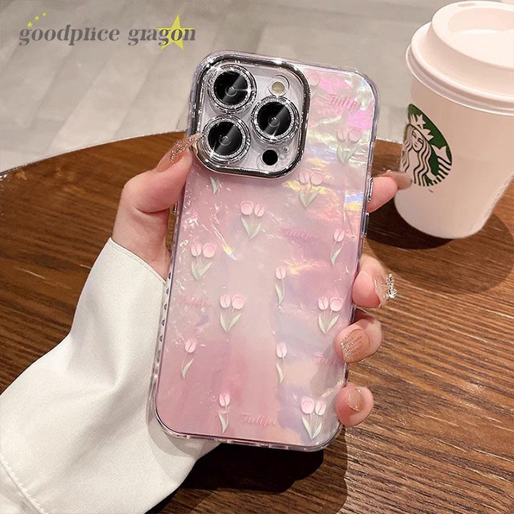 可愛い 薄ピンク アイフォンケース iPhone17ケース iPhone16ケース iPhone15ケース iPhone14ケース iPhone13ケース シェル チューリップ ラインストーン ピンク 可愛い 花柄 女の子のサムネイル