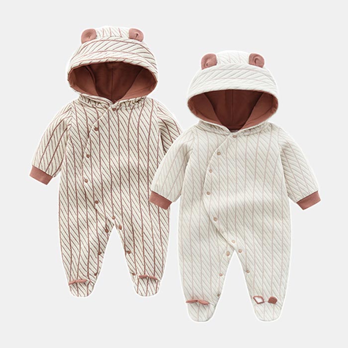 防寒アウター アウター カバーオール ロンパース オールインワン 男の子 女の子 ユニセックス 子ども服 秋 冬 長袖 ストライプ フード付 耳付き フロントボ...