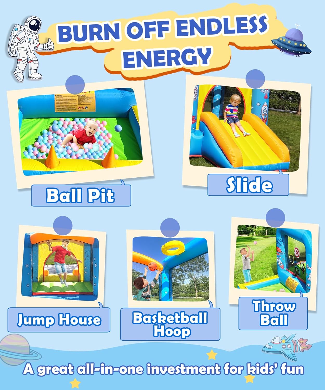 【送料無料】大型遊具 バウンサー ブルー　オシャレ　持ち運び可　 水遊び プール ボール エアー遊具 大型 キャンプ　フワフワ　トランポリン　野外 庭 家庭用 すべり台 ビニールプール スライダー 男の子 女の子 誕生日 パーティ インスタ映え　プリンセス