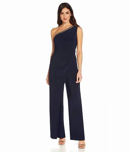 送料無料 アドリアナパペル Adrianna Papell レディース 女性用 ファッション ジャンプスーツ つなぎ セット One Shoulder Stretch Jersey Jumpsuit with Beaded Trim - Midnight