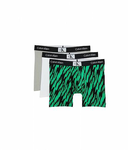 送料無料 カルバンクライン Calvin Klein Underwear メンズ 男性用 ファッション 下着 1996 Cotton Boxer Brief 3-Pack - White/Authentic Grey/Tiger Print/Island Green