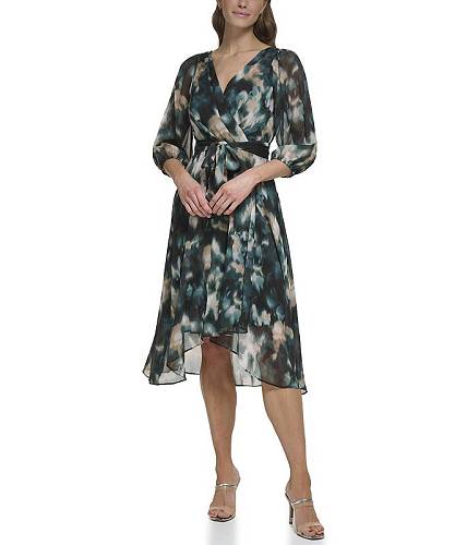 送料無料 ダナキャランニューヨーク DKNY レディース 女性用 ファッション ドレス Balloon Sleeve Faux Wrap - Pine Multi
