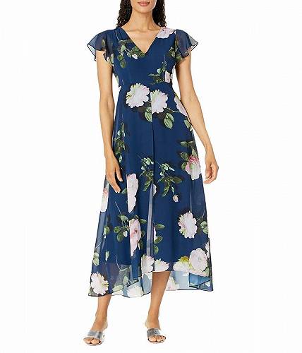 送料無料 アドリアナパペル Adrianna Papell レディース 女性用 ファッション ジャンプスーツ つなぎ セット Stretch Crepe Jumpsuit with Printed Chiffon Walk Thru Overlay - Navy Multi