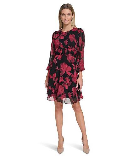 楽天グッズ×グッズ送料無料 カルバンクライン Calvin Klein レディース 女性用 ファッション ドレス Long Sleeve Floral Chiffon A-Line - Black/Red Multi