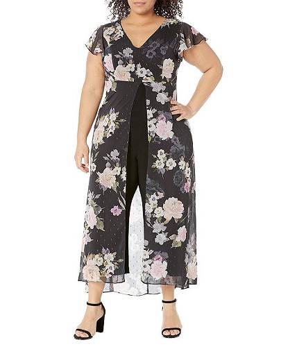 送料無料 アドリアナパペル Adrianna Papell レディース 女性用 ファッション ジャンプスーツ つなぎ セット Printed Metallic Chiffon Walk Thru Cropped Jumpsuit - Black Multi