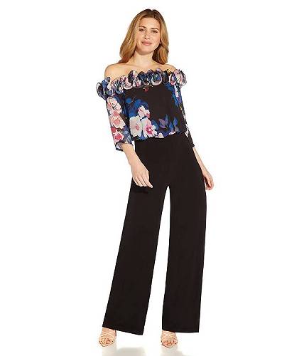 送料無料 アドリアナパペル Adrianna Papell レディース 女性用 ファッション ジャンプスーツ つなぎ セット Floral Chiffon and Jersey Off-the-Shoulder Jumpsuit - Black Multi