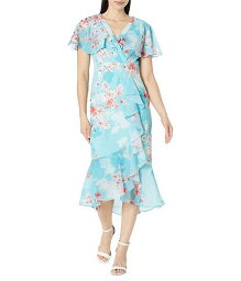 送料無料 アドリアナパペル Adrianna Papell レディース 女性用 ファッション ドレス Printed Floral Flutter Sleeve Dress with Cascade & Ruffle Hem - Aqua Multi