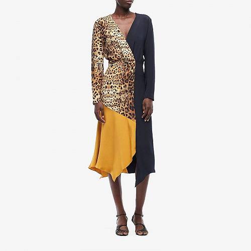 送料無料 Cushnie レディース 女性用 ファッション ドレス Color Block Long Sleeved Dress w/ Waist Tie - Tan Leopard/Navy/Antique Gold